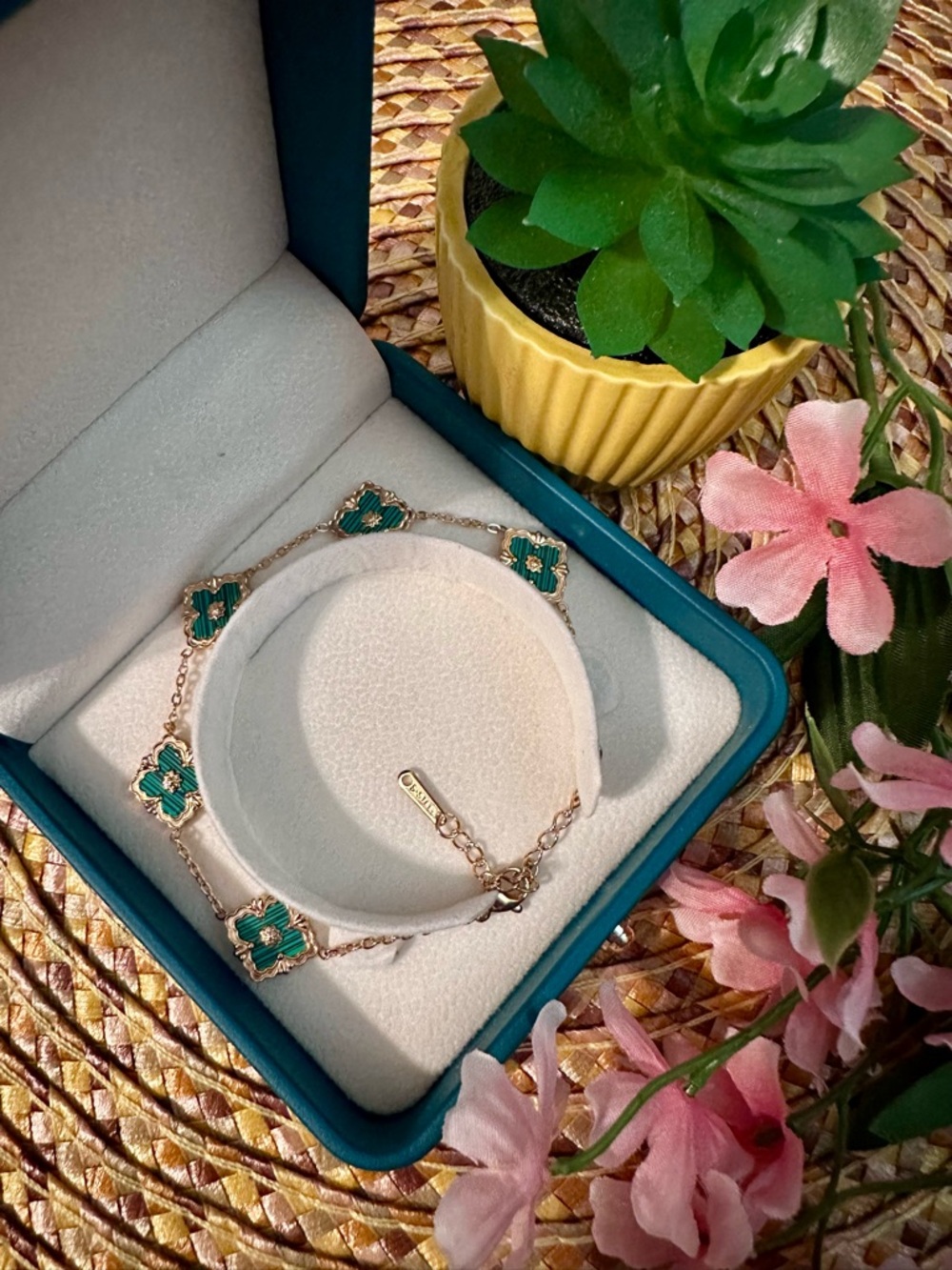 Gold Bracelet with Green Clover Accents - Elegant Women's Jewelry